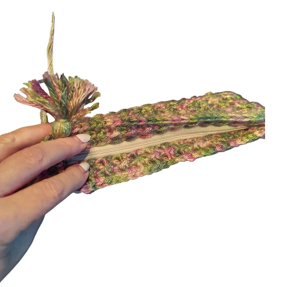 Handmade Crochet Crossbody Bag Multi‎ Color Pink Green Boho Tassel Chain Strap